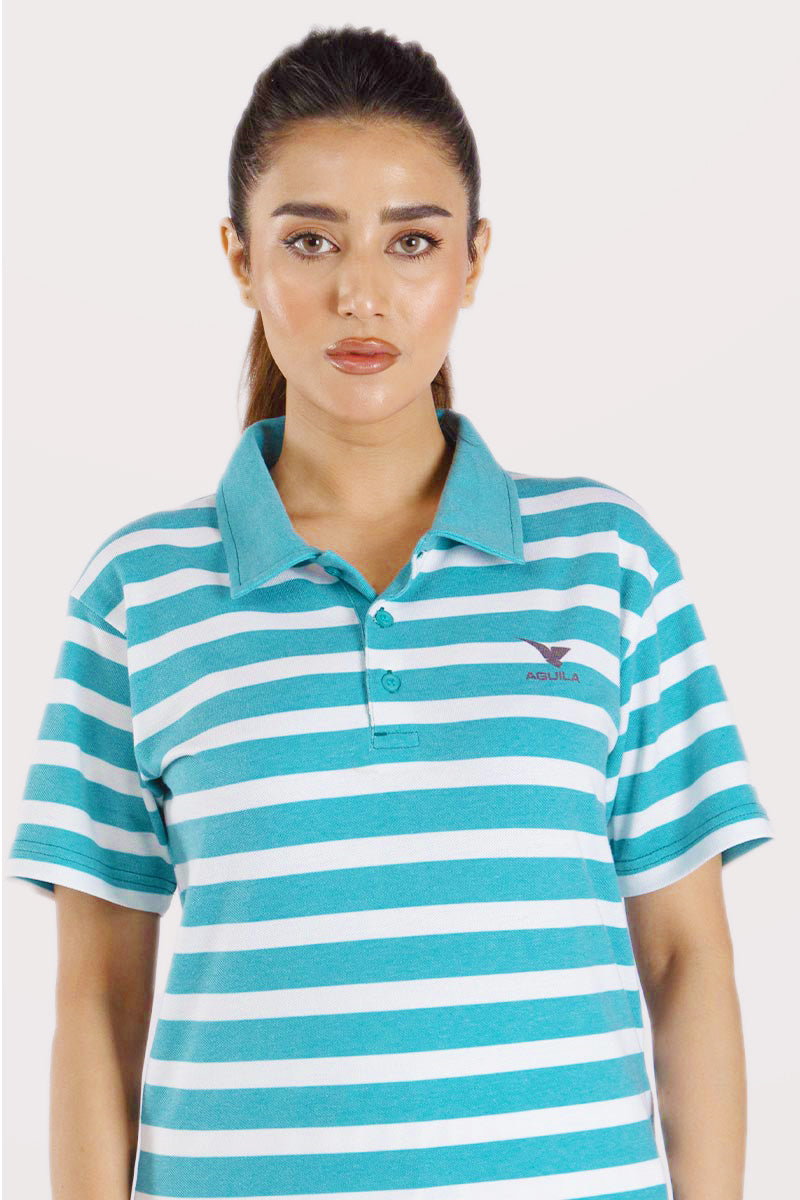Women's Green and White Stripes Polo Shirt