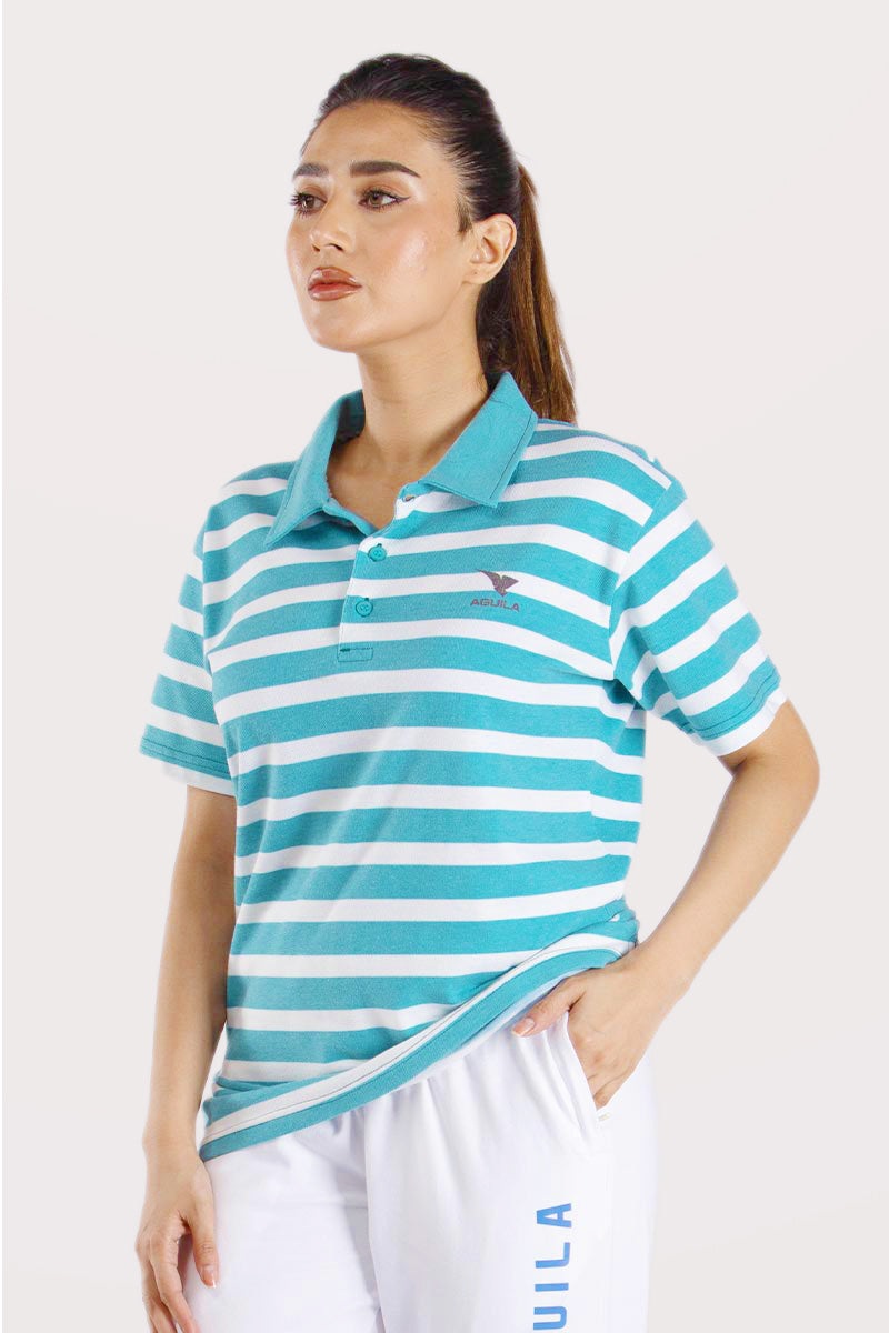 Women's Green and White Stripes Polo Shirt